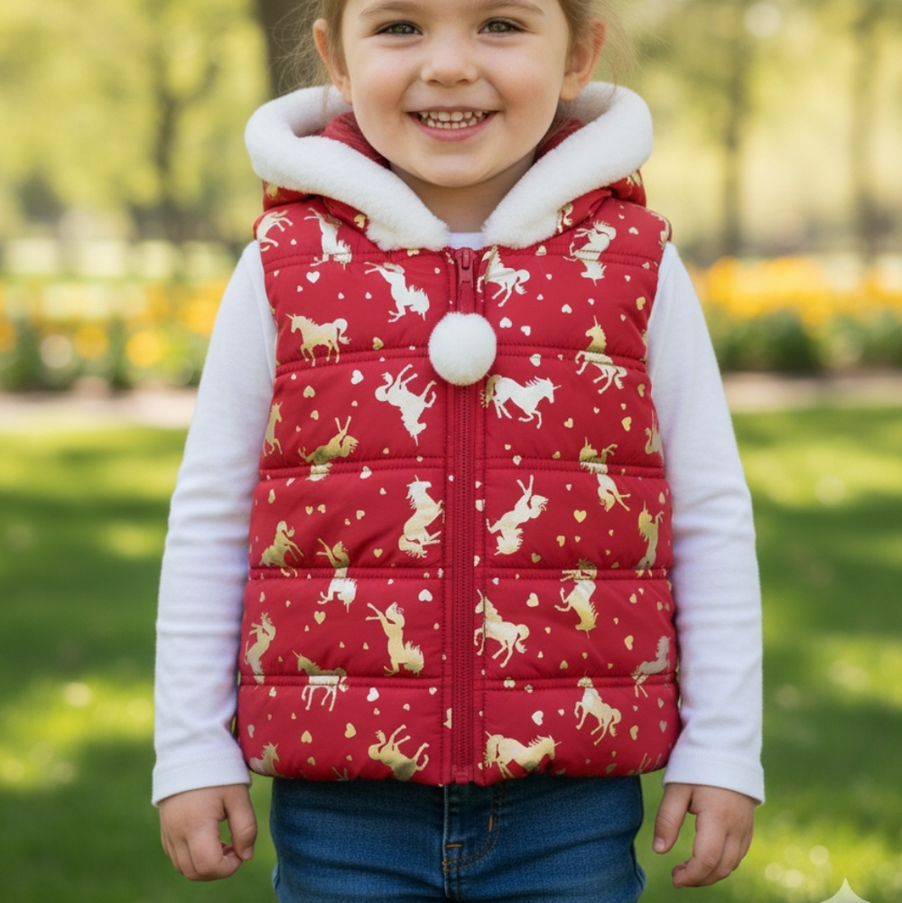 LIKE NEW Isaac Mizrahi Girls Red Faux Fur Trim Hooded Unicorn Puffer Vest XS 4
